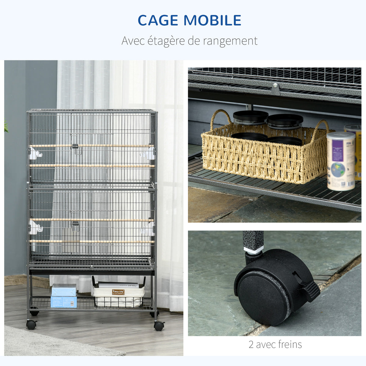 Cage à oiseaux sur pied volière oiseaux intérieur 4 perchoirs en bois et mangeoires fil d'acier gris foncé-4