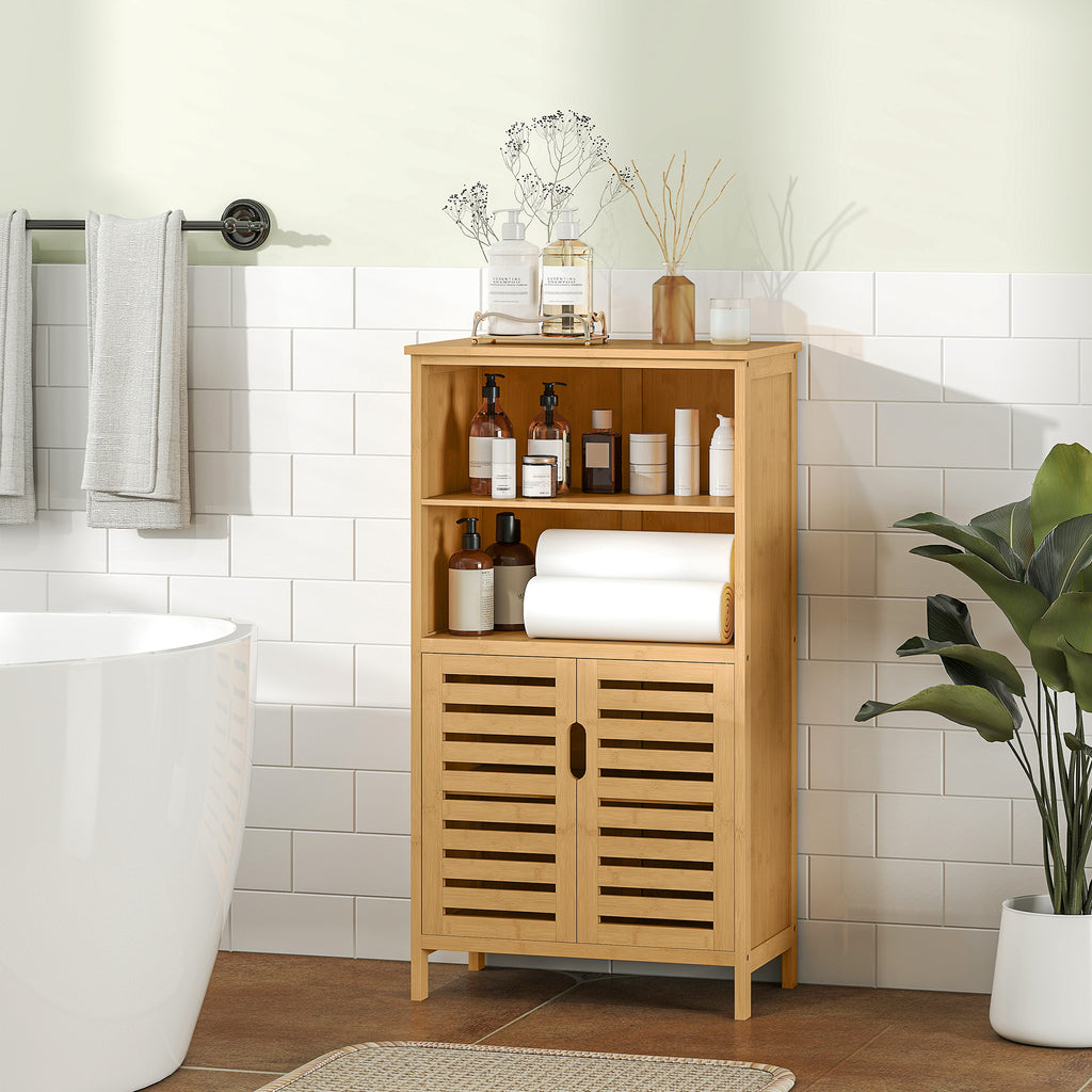 Meuble de rangement salle de bain en bambou avec 2 portes ajourées et 2 compartiments 50 x 29 x 92 cm naturel-9