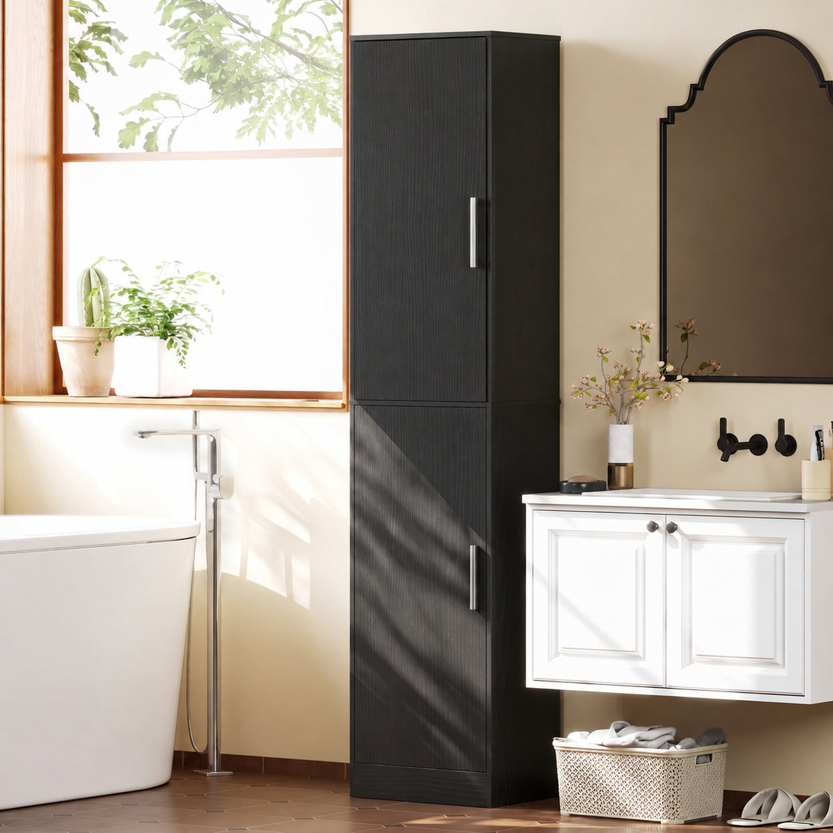 Colonne de Salle de Bain 6 Niveaux, Meuble de Rangement Étroit, 2 Portes et 4 Étagères Réglables, 40x35x180cm, Noir-1