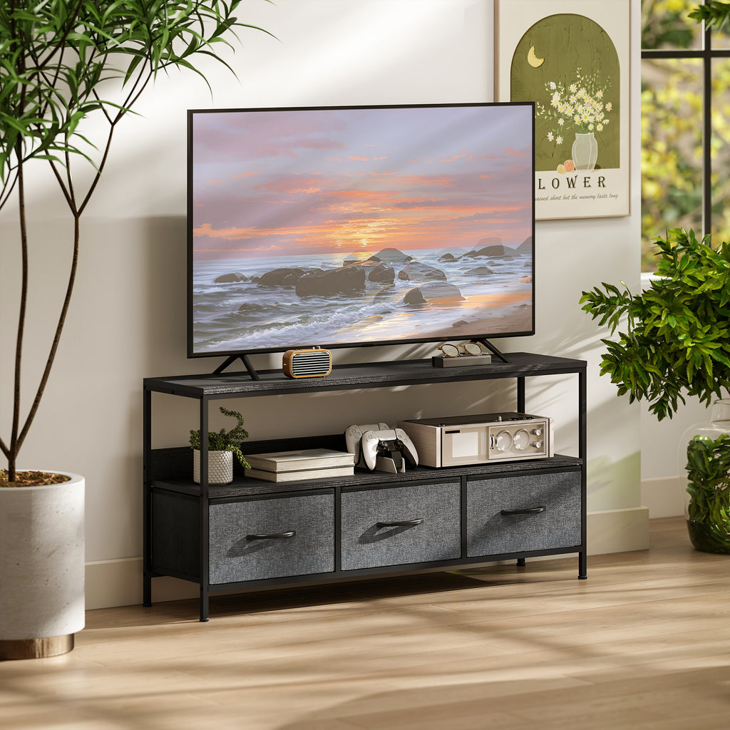Meuble TV, meuble télé pour téléviseur jusqu'à 55 pouces avec 3 tiroirs et pieds en acier 120 x 29 x 56 cm noir-9