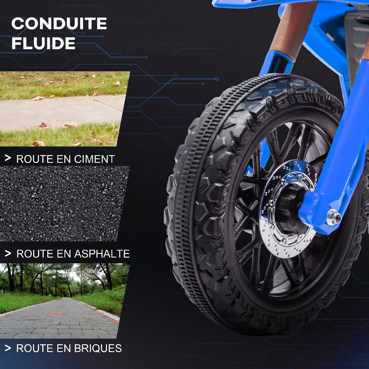 Moto cross électrique pour enfants 3-8 ans, batterie 6 V, 2 moteurs, klaxon et roues d'entraînement, charge 30KG, bleu-6