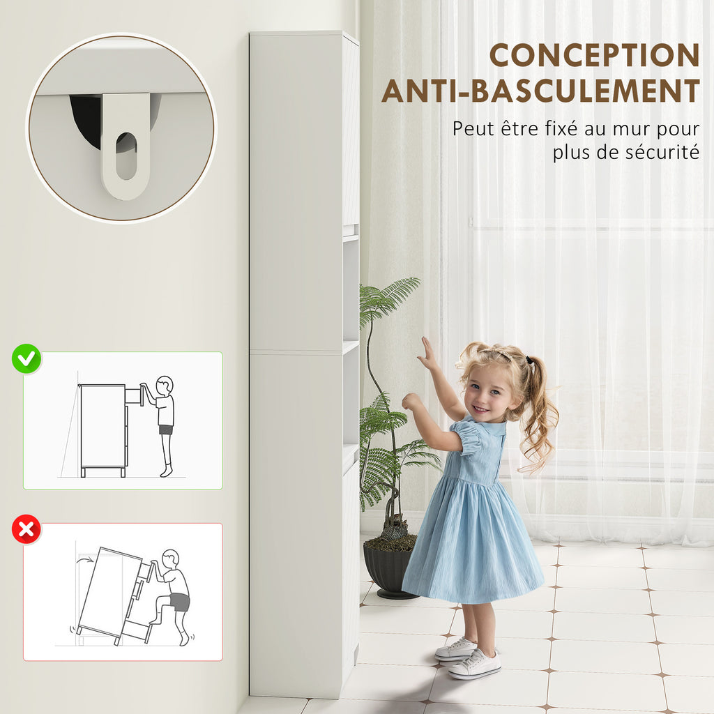 Meuble colonne salle de bain, meuble de rangement avec 2 portes, 2 compartiments ouverts, , 30 x 24 x 170 cm, blanc-6