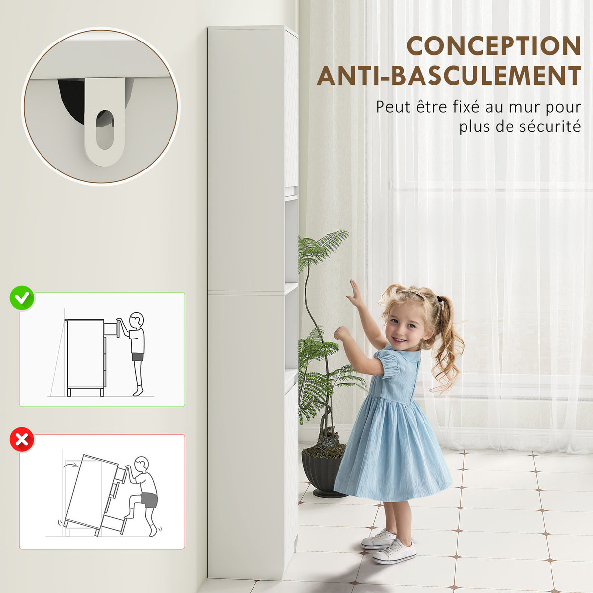 Meuble colonne salle de bain, meuble de rangement avec 2 portes, 2 compartiments ouverts, , 30 x 24 x 170 cm, blanc-6