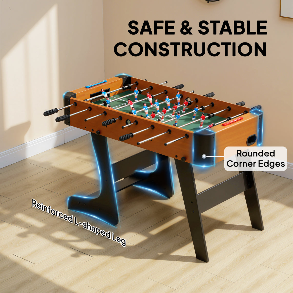 Baby-foot pliable en bois table de babyfoot pliable sur pied avec 2 balles 22 joueurs, 118 x 107,5 x 78 cm, marron-7