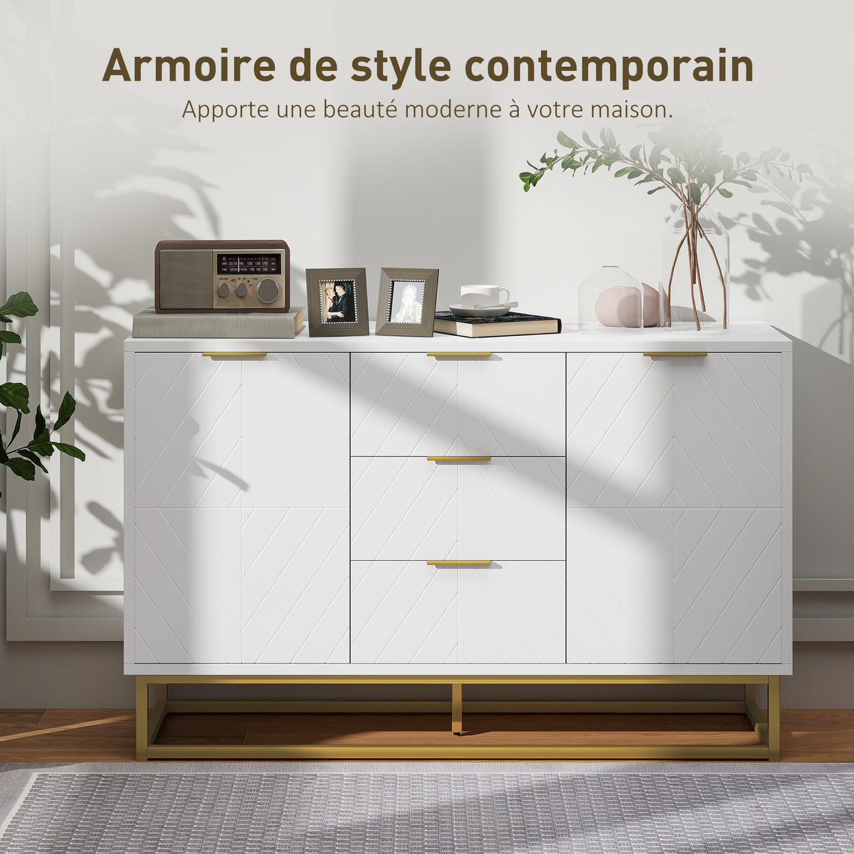 Buffet, meuble cuisine rangement, design contemporain graphique, 2 placards porte, étagères réglables, 3 tiroirs coulissants, bois blanc métal doré, 120 x 40 x 76 cm-3
