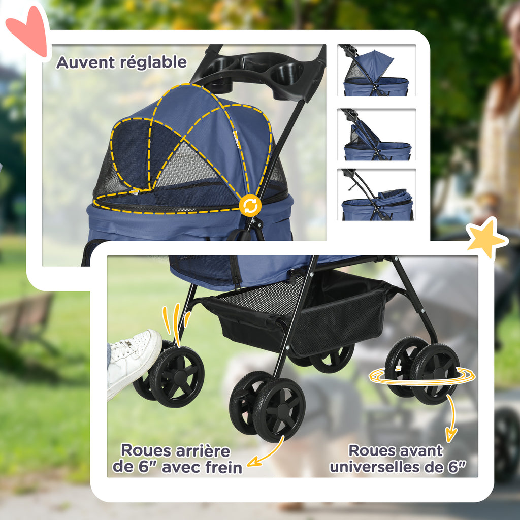 Poussette buggy pliable chien chat panier rangement porte-gobelets tissu 300D Oxford imperméable 4 roues bleu foncé-5