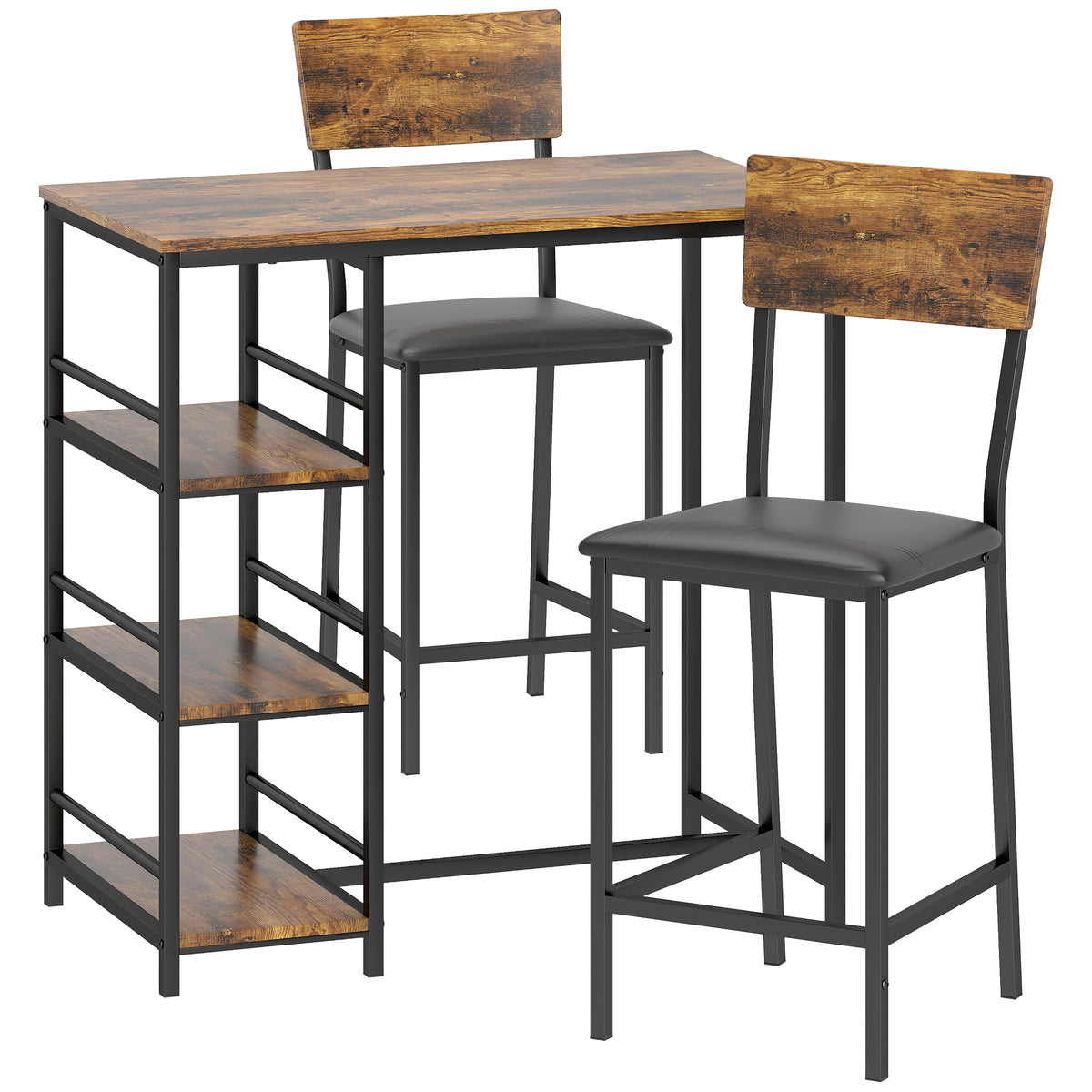 Ensemble Table de Bar avec 2 Tabourets, Table Haute de Cuisine et 2 Chaises de Bar Rembourrées PU, Brun Rustique-0
