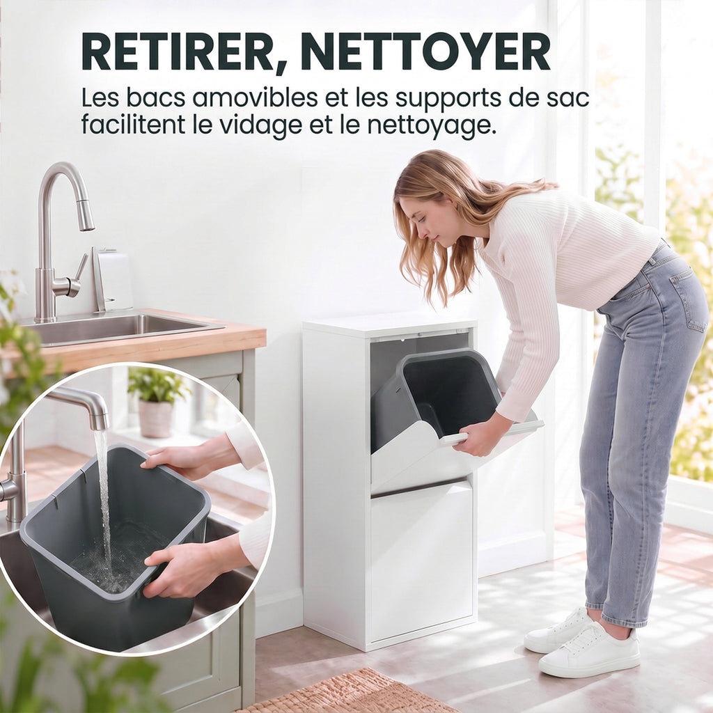 Meuble Poubelle de Tri Sélectif, Poubelle de Recyclage 30 L (2 x 15 L) avec 2 Compartiments, Fermeture Douce, Blanc-5