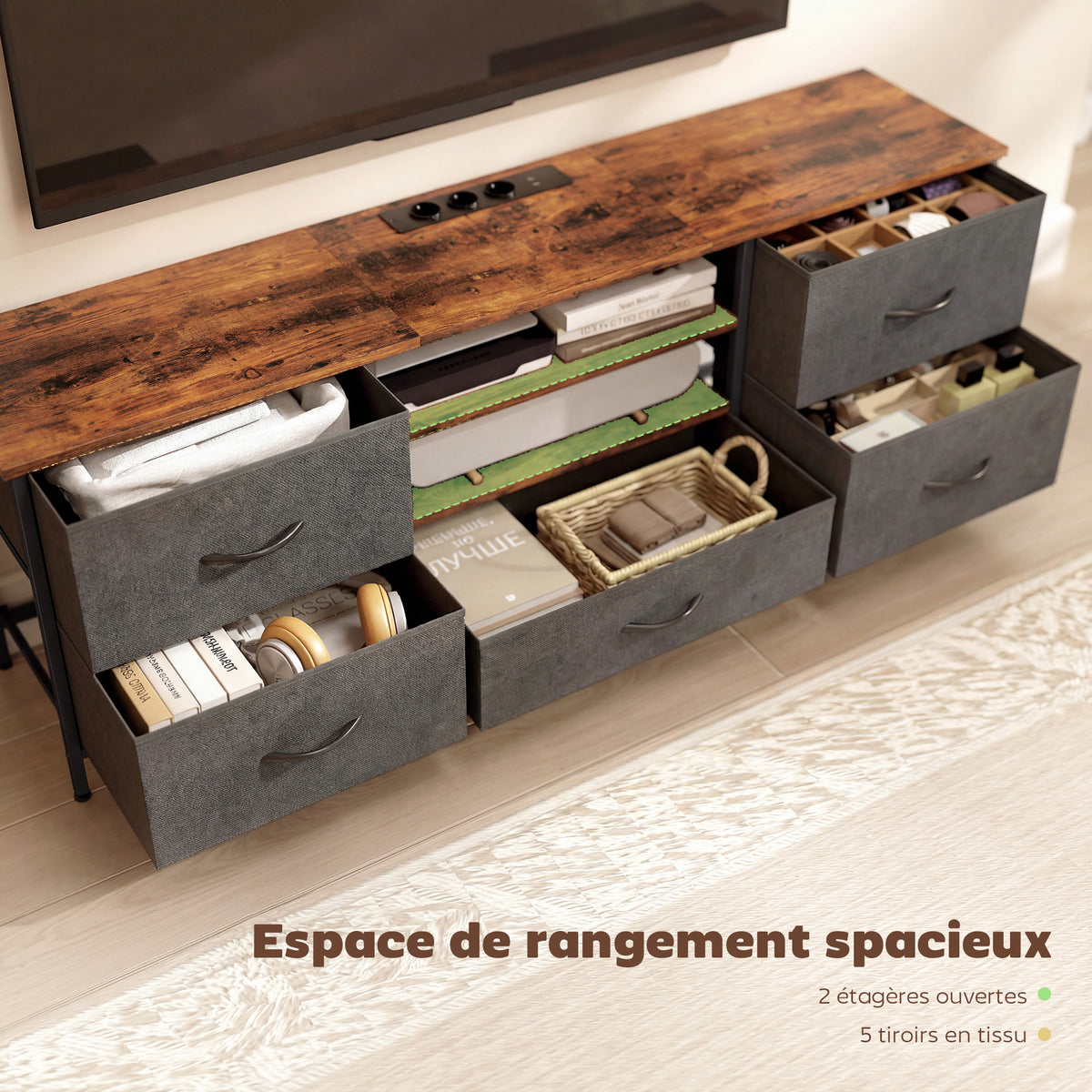 Meuble TV 140 cm, meuble télé 65 pouces, station de charge, 5 tiroirs en tissu, étagères ouvertes, 140x30x50cm, marron-4