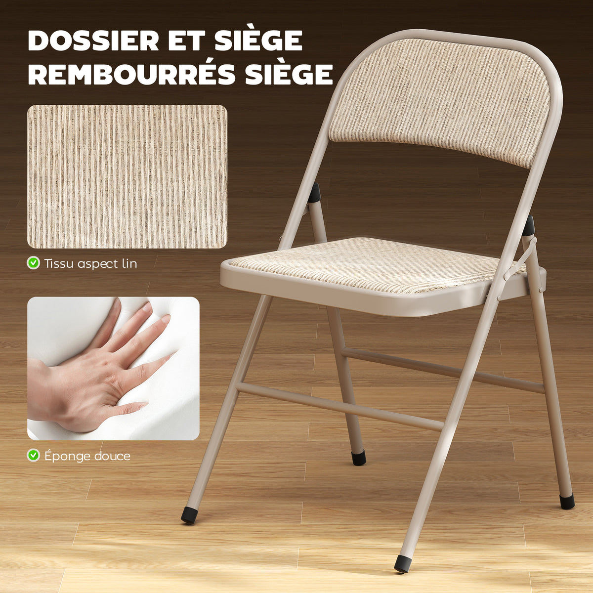 Lot de 2 chaises pliantes chaises de salle à manger portables cadre en acier dim. 45l x 46P x 78H cm beige-3