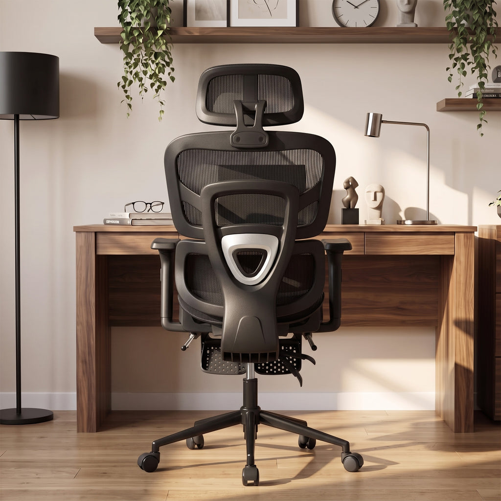 Chaise Bureau Ergonomique Inclinable en Maille, Support Lombaire, Appui-Tête 2D, Double Dossier Aéré, Noir-9