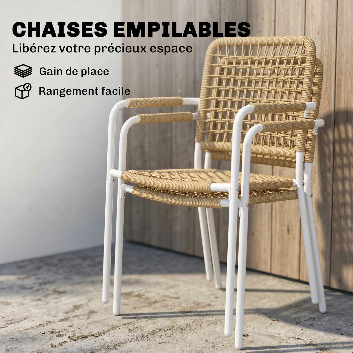 Lot de 2 Chaises de Jardin Empilables en Résine Tressée avec Accoudoirs et Dossier, 55x57x82cm, Jaune-4