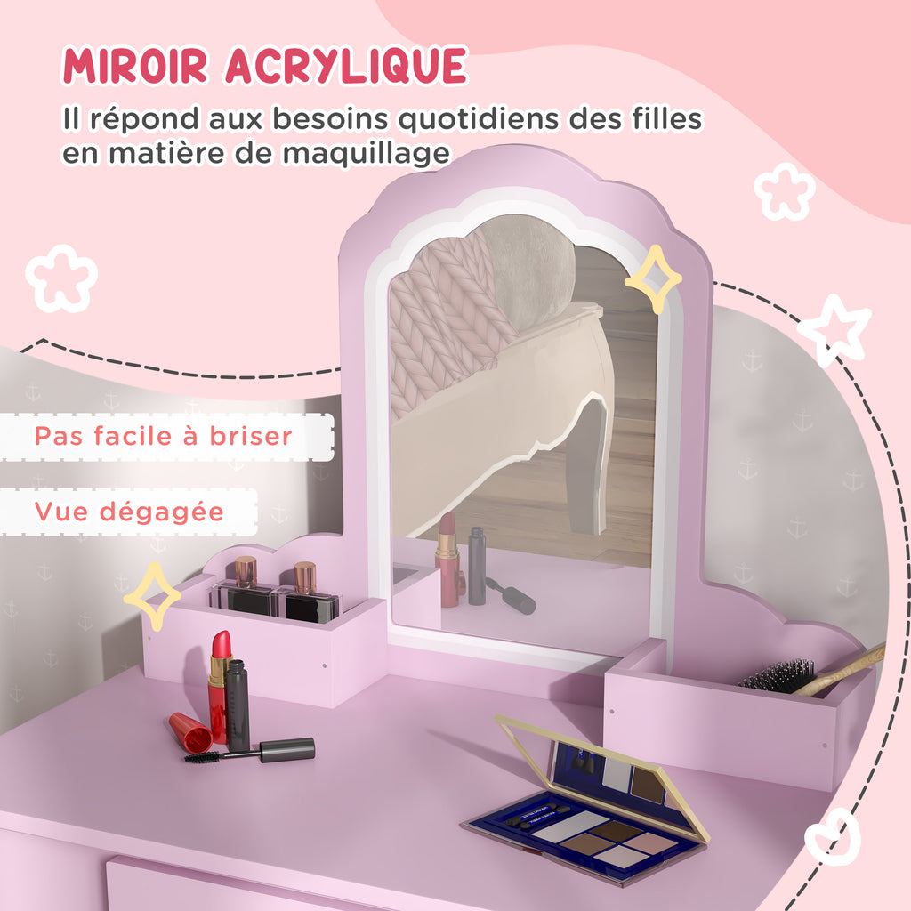 Coiffeuse pour enfant avec tabouret et miroir, table de maquillage avec tiroir et 2 compartiments, 55x36x86cm, rose-5