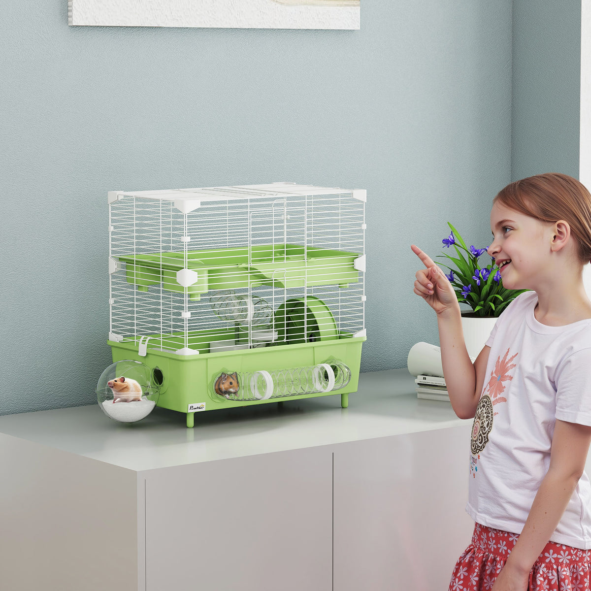 Cage pour hamster  à 2 niveaux avec roue de course salle de bain en sable pour hamster nain 44,5 x 28 x 44 cm vert-1