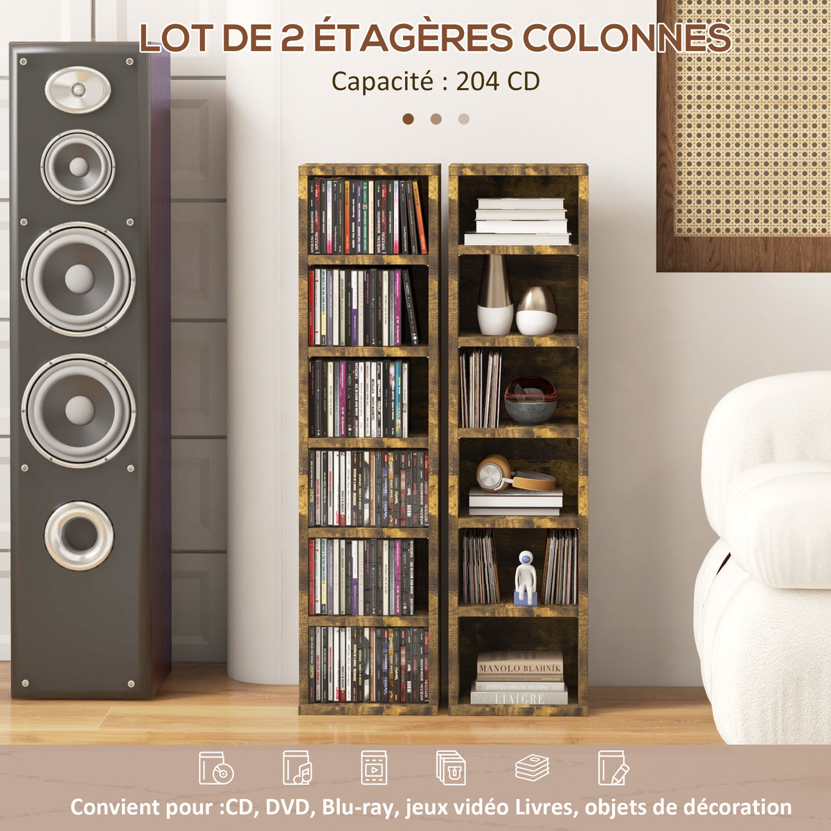Lot de 2 étagères colonnes armoire de rangement CD 12 compartiments 21 x 22,5 x 88,5 cm capacité 204 CD brun rustique-3