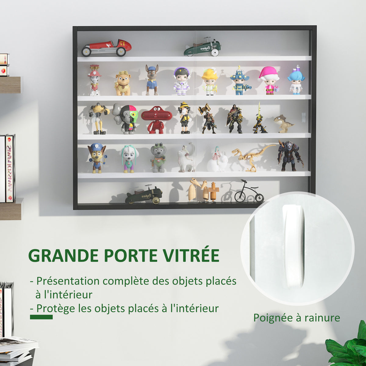 Vitrine murale pour objets de collection 4 étagère réglables en hauteur et 2 portes coulissantes 80 x 9,5 x 60 cm noir-4