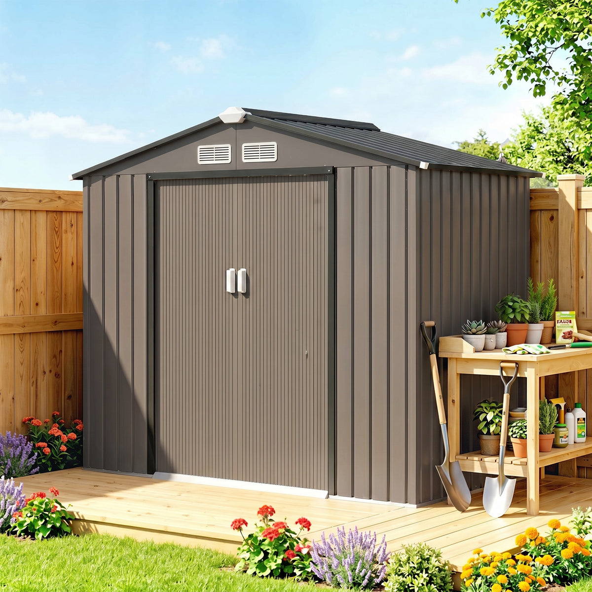 Abri de Jardin 2,77 m² cabane de jardin armoire de jardin Dim. 213L x 130l x 185H cm Porte coulissante Acier marron-1