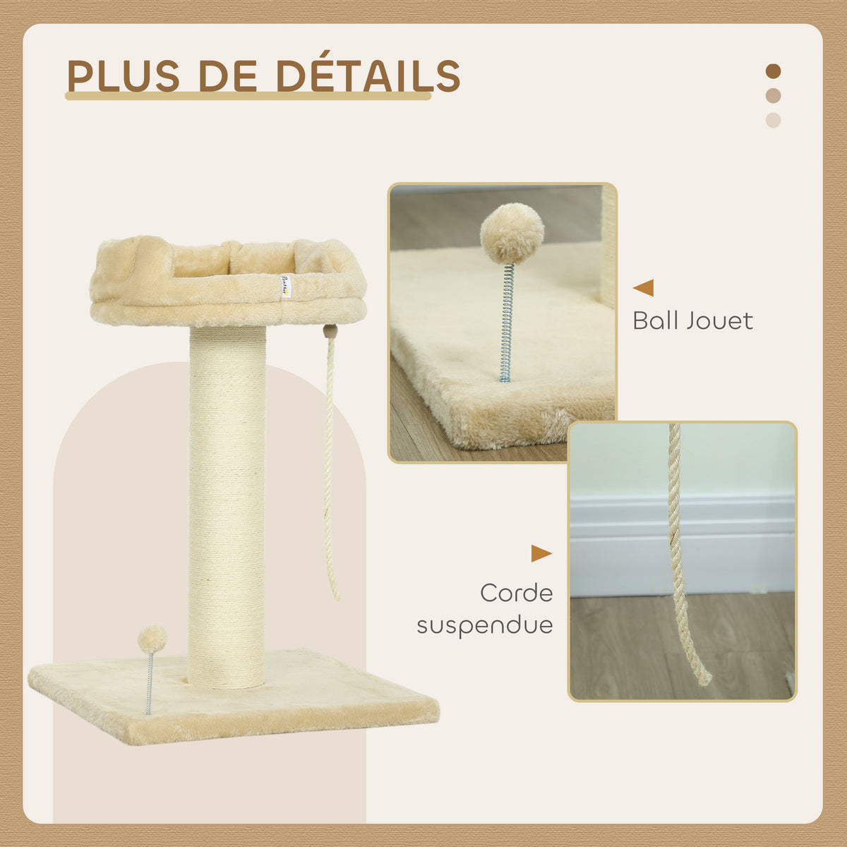 Arbre à chat grattoir design jeu boule et cordelette suspendue+ plateforme peluche - 55 x 55 x 83 cm - sisal beige-4