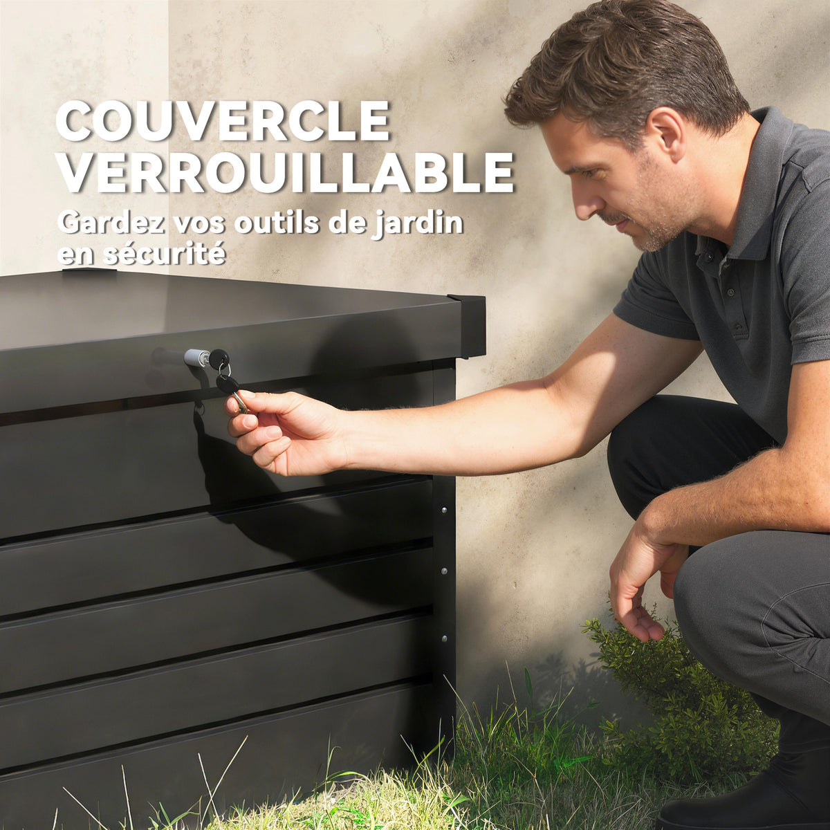 Coffre de rangement métal boîte de jardin 350L double vérins à gaz  verrouillable pour coussins outils gris anthracite-5