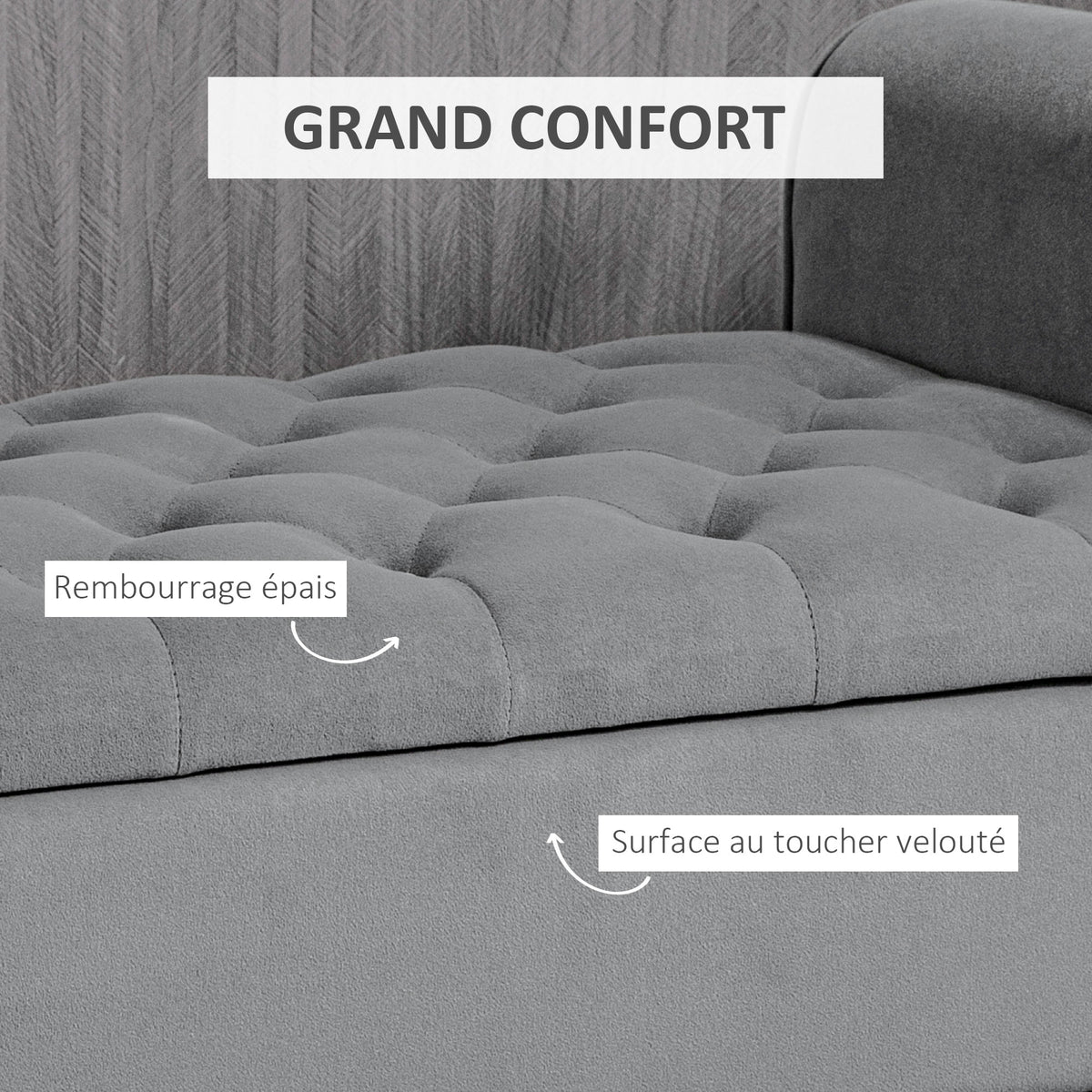 Banc de rangement bout de lit avec accoudoirs, tissu effet velours rembourré et capitonné, 126 x 48,5 x 57 cm, gris-4