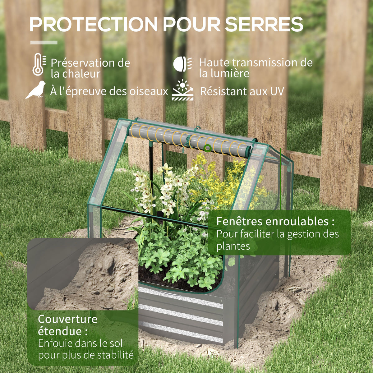 Carré potager de jardin avec mini serre, jardinière surélevée en acier galvanisé, 70 x 70 x 90 cm, gris foncé-4