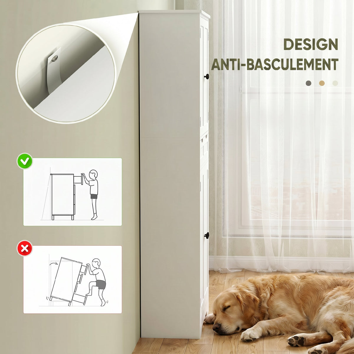 Meuble de salle de bain, meuble de rangement avec tiroir et 4 portes, style moderne, 60 x 30 x 160 cm, blanc-4