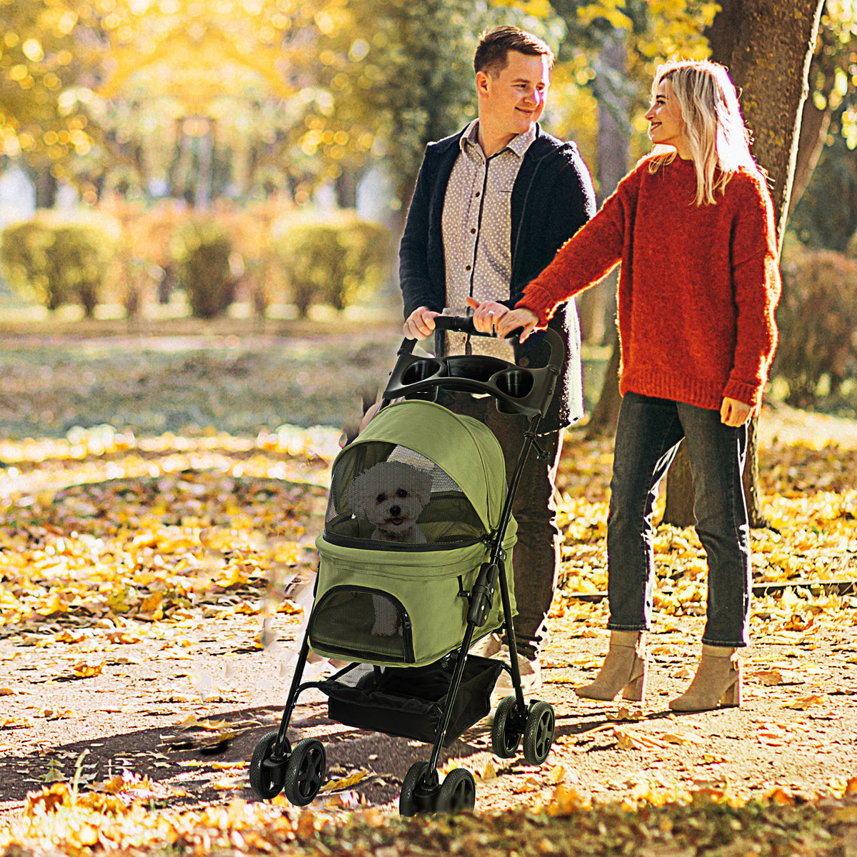 Poussette buggy pliable chien chat panier rangement porte-gobelets tissu 300D Oxford imperméable 4 roues vert-1