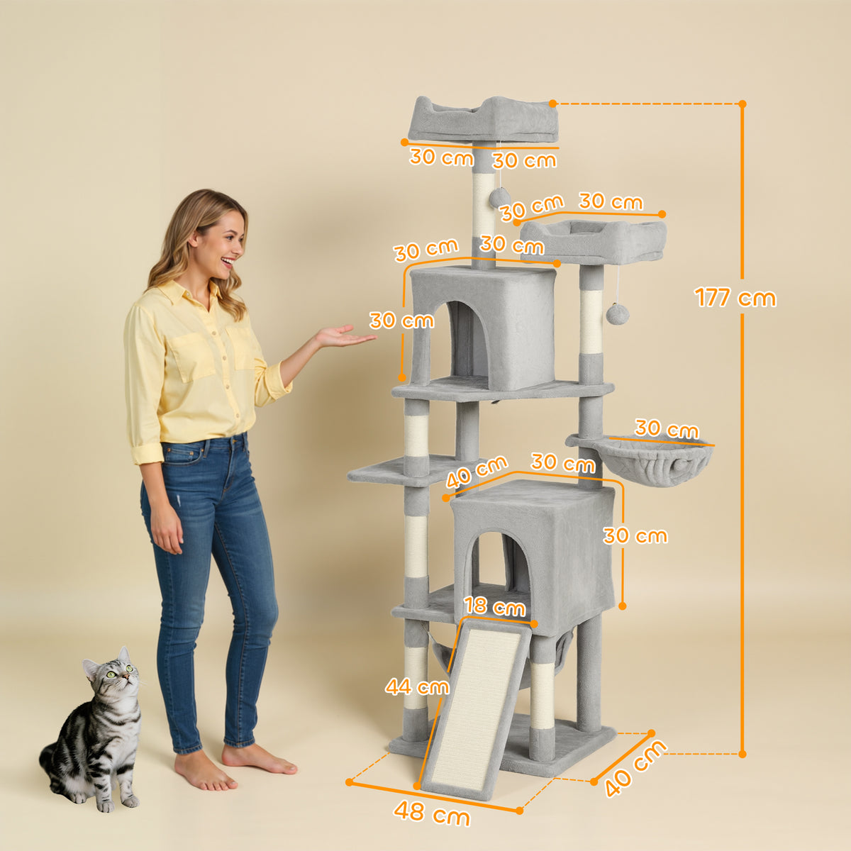 Arbre à chat tour de jeux pour chat 3 platesformes 2 niches 2 lits 2 hamacs 1 échelle hauteur 177 cm gris clair-2
