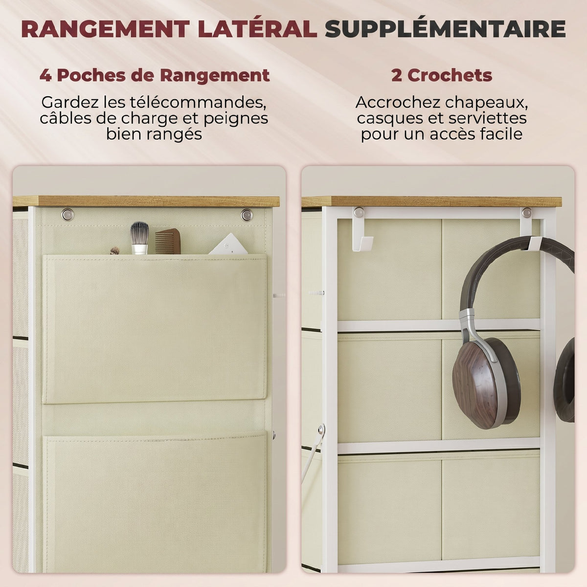 Commode 5 tiroirs en tissu, meuble de rangement avec 4 poches, 2 crochets, structure en acier, 45 x 30 x 94,5 cm, beige-4