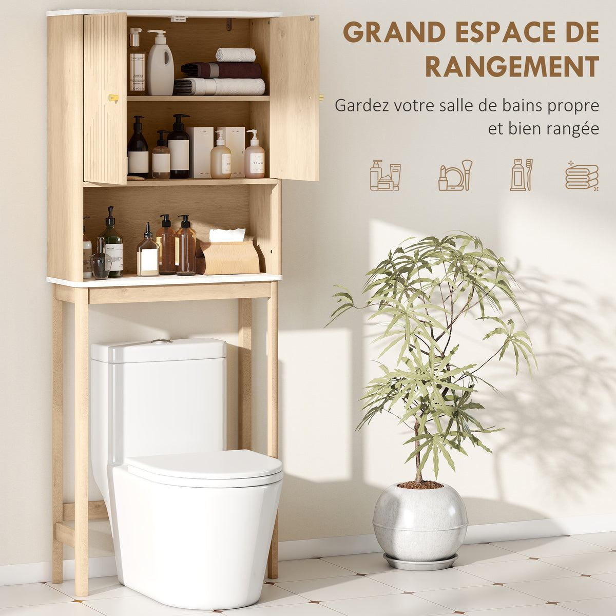 Meuble WC dessus de toilette meuble toilettes WC rangement avec placard à double porte étagères  66 x 25 x 168 cm, chêne-4