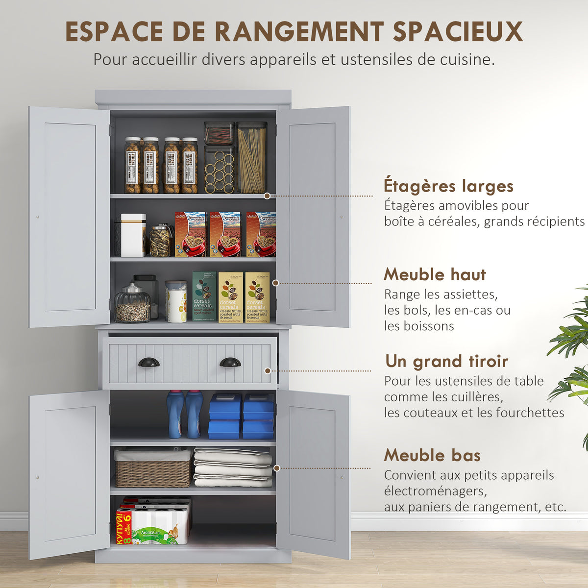 Armoire de cuisine buffet cuisine multi-rangements étagères réglables 4 portes grand tiroir 76,2 x 40,2 x 183 cm gris-3