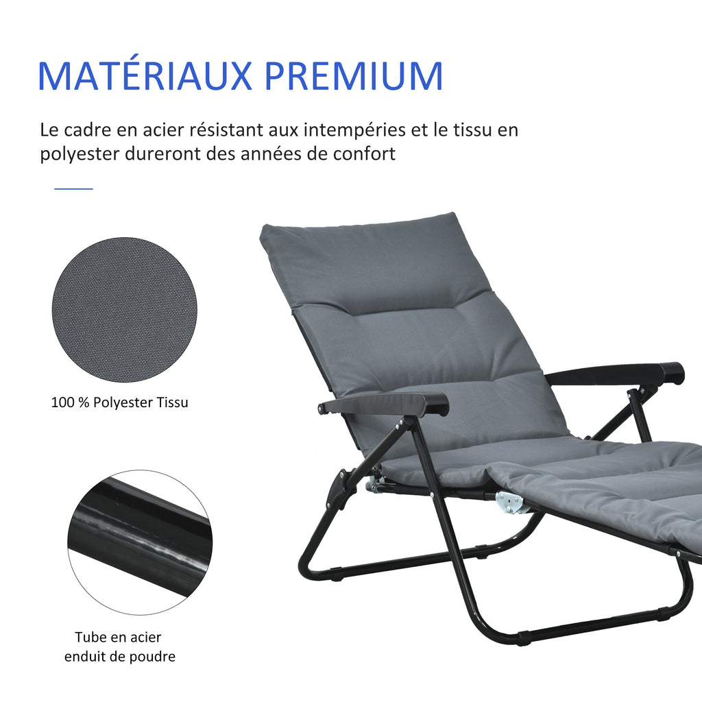 Bain de soleil pliable transat inclinable 6 positions avec matelas + accoudoirs acier polyester gris-6