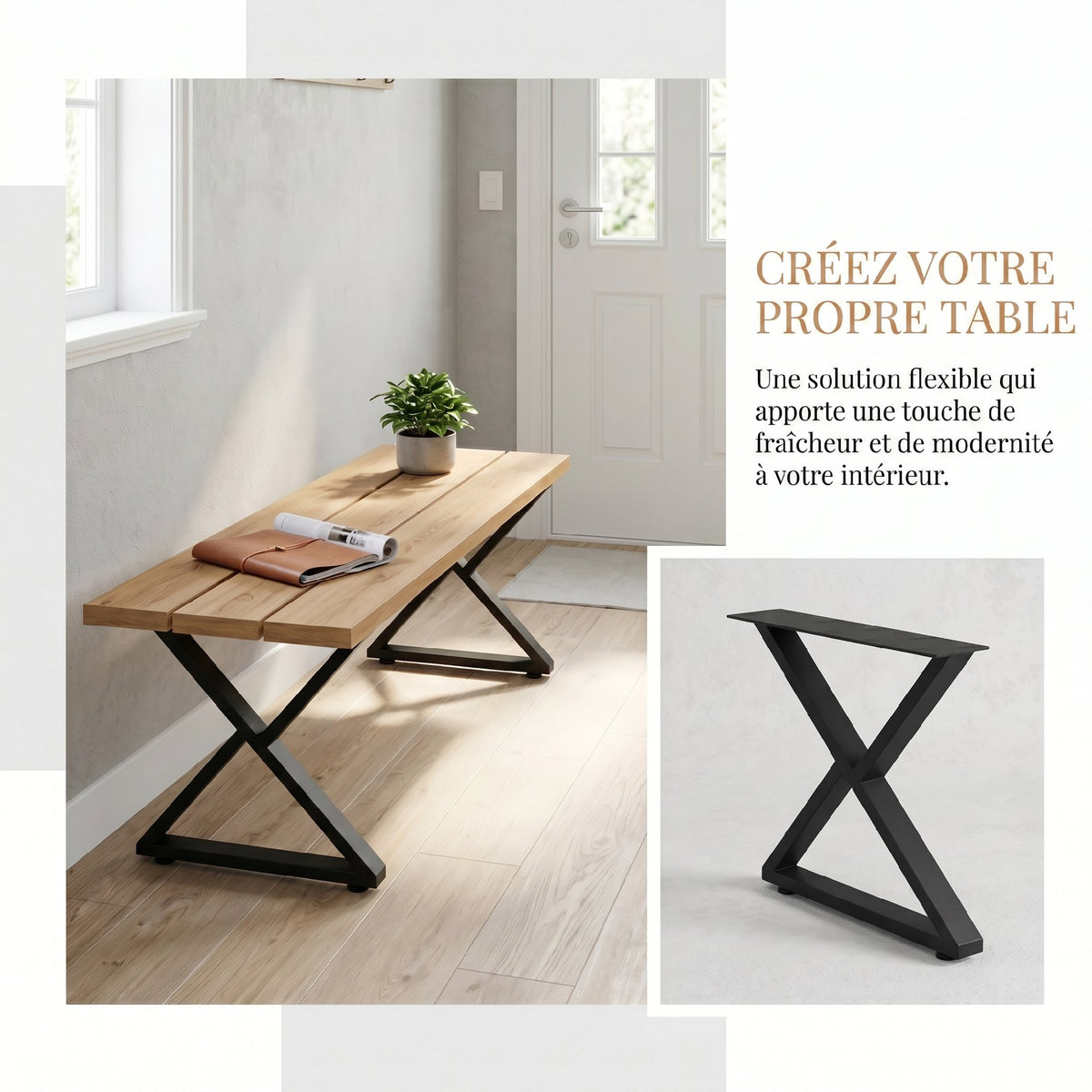 Pieds de table en acier, 60 x 43 cm, lot de 2 pieds de bureau en forme X avec patins réglables et vis, noir-6