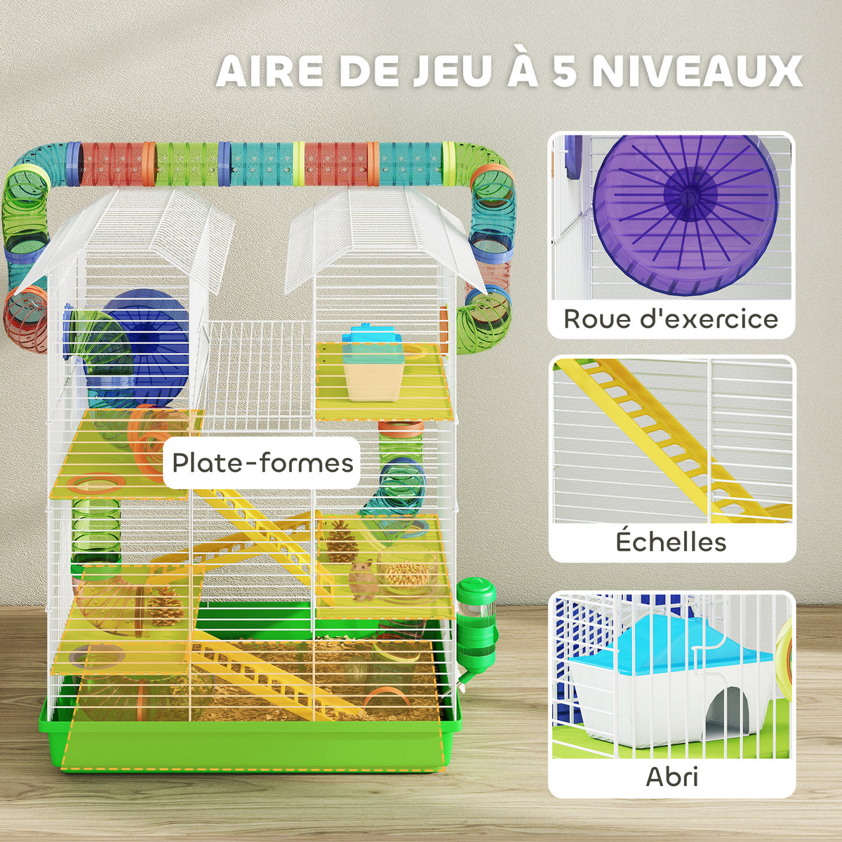 Cage pour hamster souris petit animaux rongeur avec tunnel mangeoire roue jouet 47 x 30 x 59 cm vert-3
