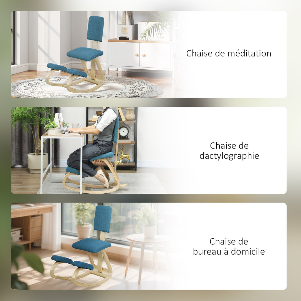 Chaise à genoux ergonomique avec dossier, siège assis genoux à bascule, correcteur de posture 51x84x93cm bleu foncé-6