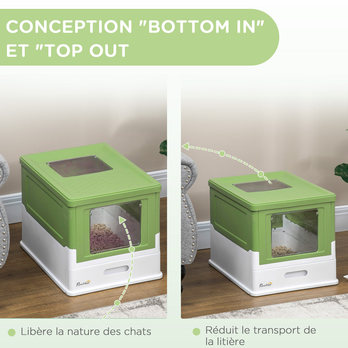Maison de toilette pour chat pliable double porte battante et supérieure pelle fourni 47,5 x 35,5 x 36,7 cm vert avocat-4