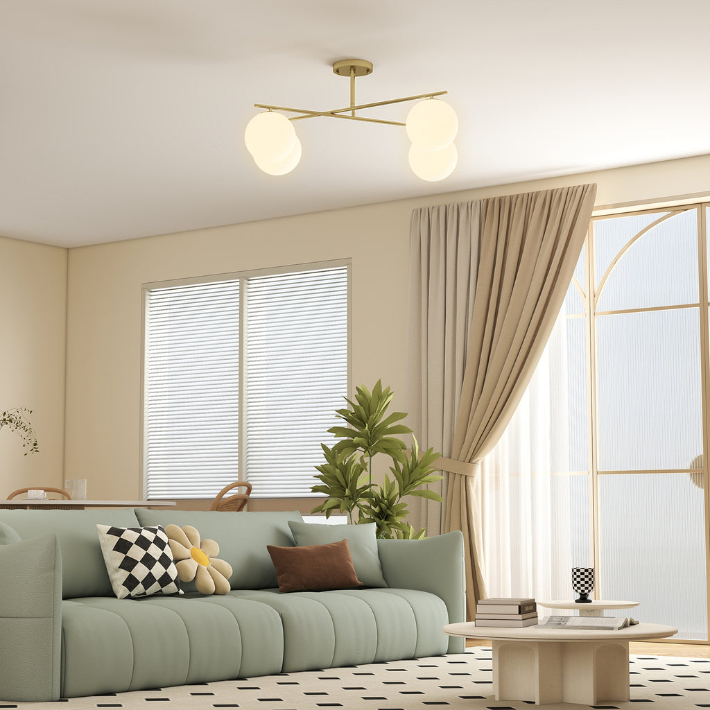 Plafonnier lustre moderne à 4 lumières avec culot E14, montage semi-affleurant, doré et crème-9