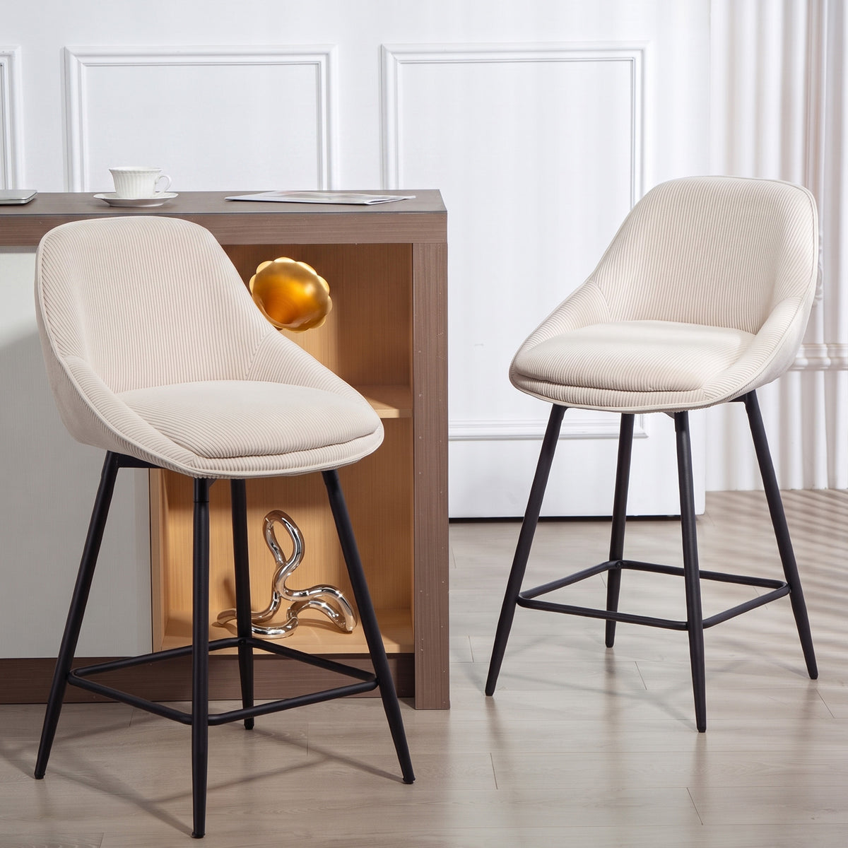 Lot de 2 tabourets de bar en tissu velours côtelé, chaises de bar avec dossier courbé, repose-pieds, 49x52x88cm, crème-1