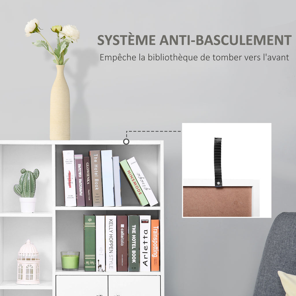 Bibliothèque scandinave meuble de rangement dim. 80L x 23,5l x 123H cm 5 niches placard 2 portes pieds effilés inclinés bois massif panneaux particules blanc-5