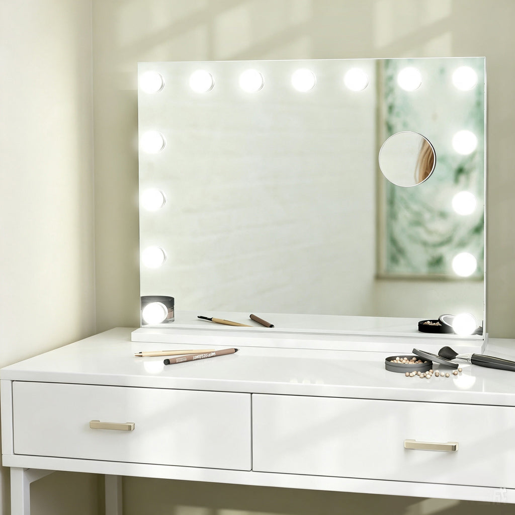 Miroir Maquillage Hollywood 58 x 48 cm, Miroir Coiffeuse LED, 15 Ampoules, 3 Modes d'Éclairage, Port USB de Charge-1