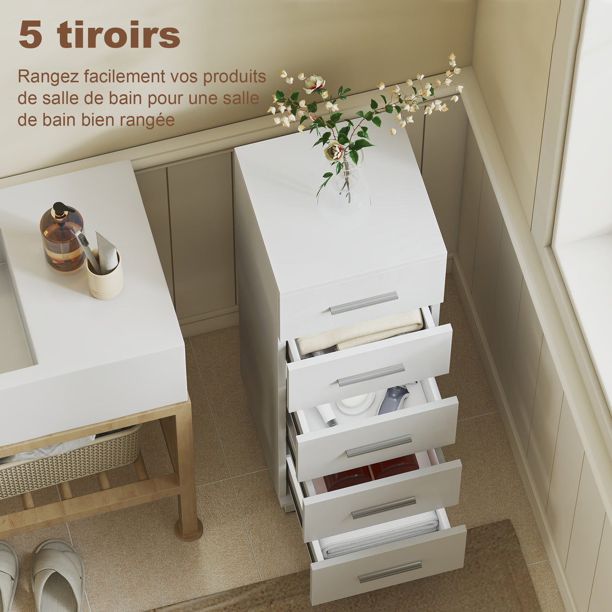 Meuble de Salle de Bain 5 Tiroirs, Meuble de Rangement, 30 x 30 x 95 cm, Commode Salle de Bain, 30 x 30 x 95 cm, Blanc-3
