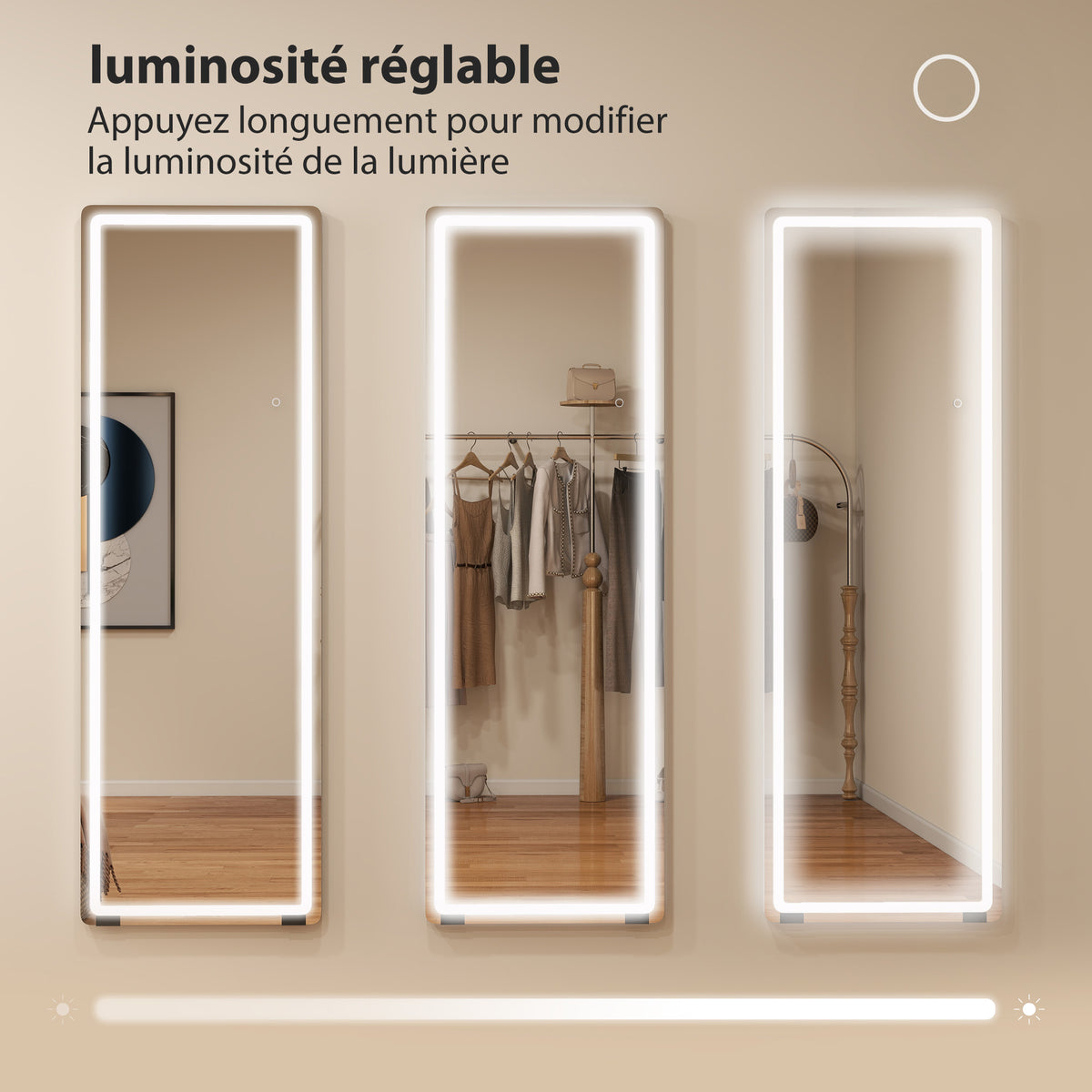 Miroir sur Pied avec LED 150 x 50 cm, 3 Couleurs, Dimmable, Fonction de Mémoire, Verre Trempé 4 mm, Transparent-4