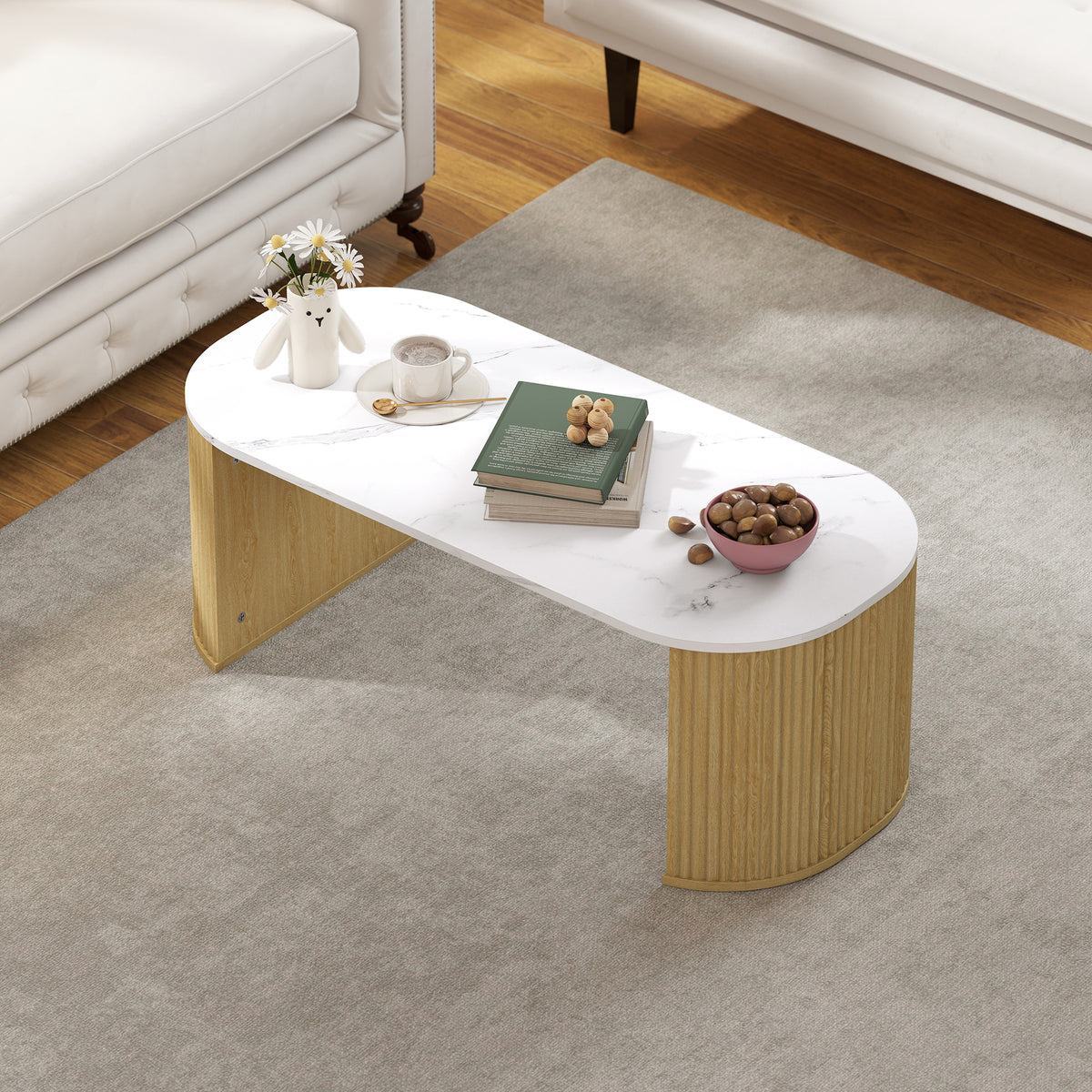 Table basse ovale, table d'appoint aspect effet marbre, coins arrondis pieds épais, 110 x 50 x 40 cm, blanc-7