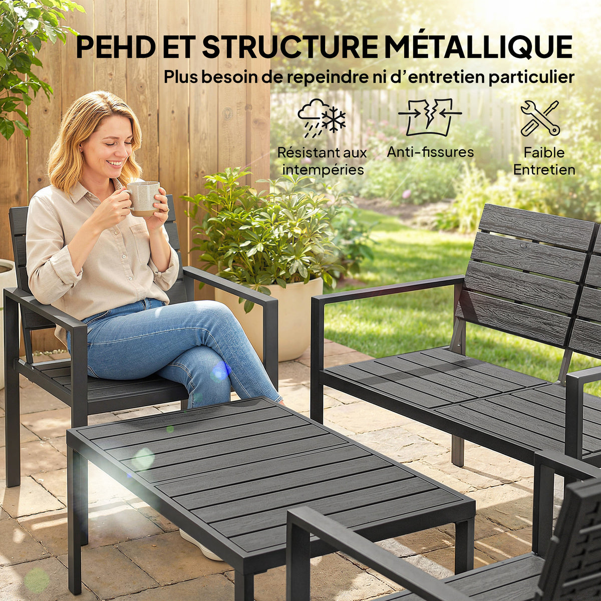 Salon de Jardin Extérieur 4 Pièces, Canapé 2 Places, 2 Chaises, Table Basse, Mobilier de Jardin en HDPE Effet Bois Noir-3