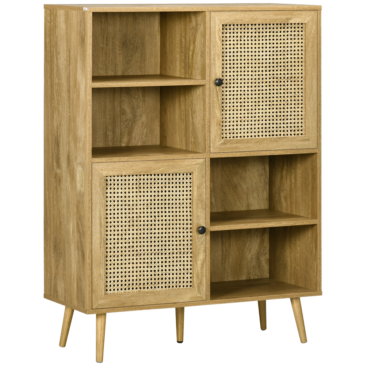 Buffet meuble de rangement armoire haut aspect bois et cannage design 2 portes - dim. 90L x 32,5l x 120H cm-0
