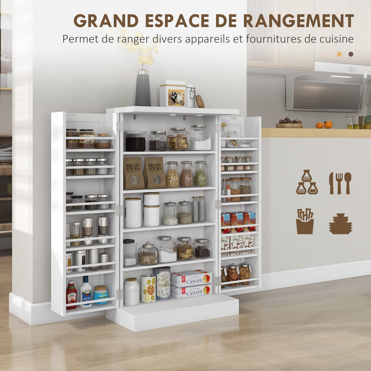 Armoire meuble de cuisine garde-manger 2 portes avec 5 étagères et 12 étagères - dim. 60L x 30l x 104H cm - blanc-3