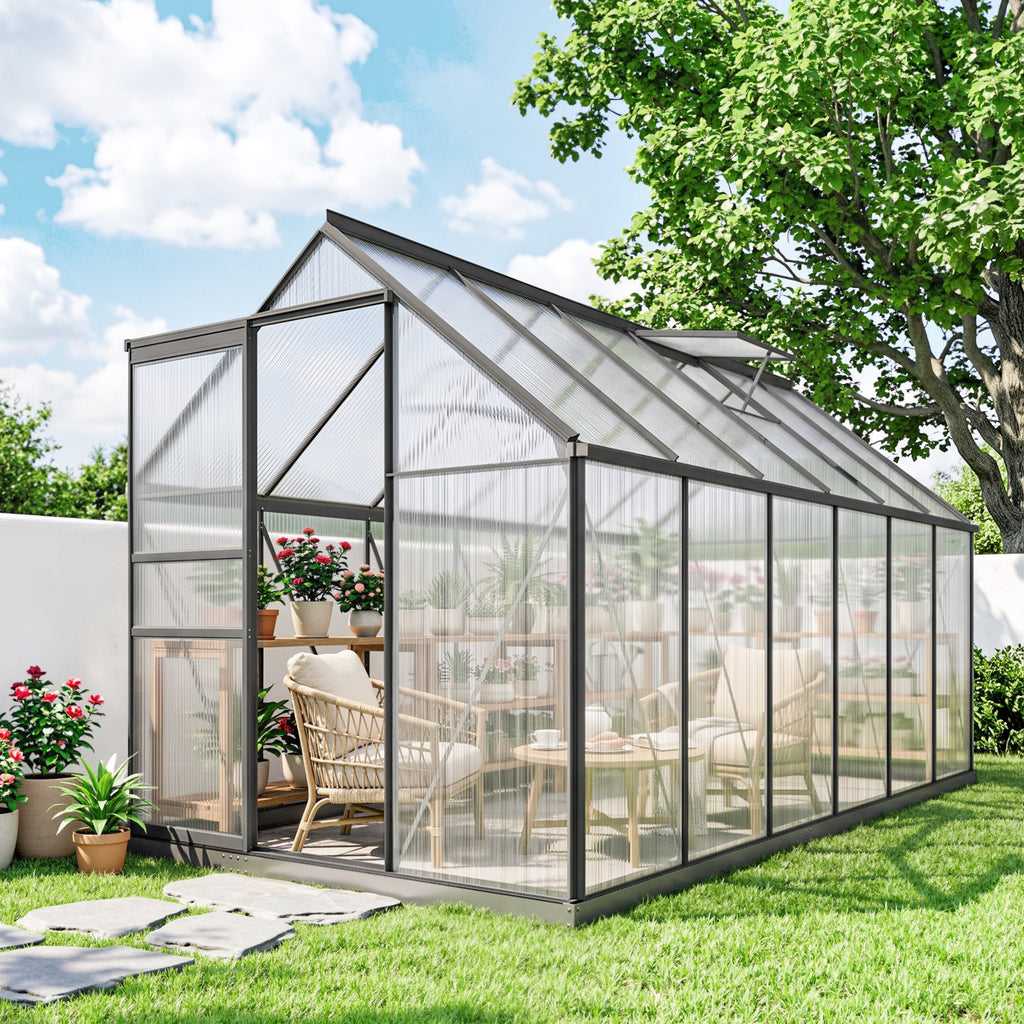 Serre de jardin en aluminium polycarbonate avec fondation, serre avec fenêtre réglable porte coulissante 190x375x199cm-8