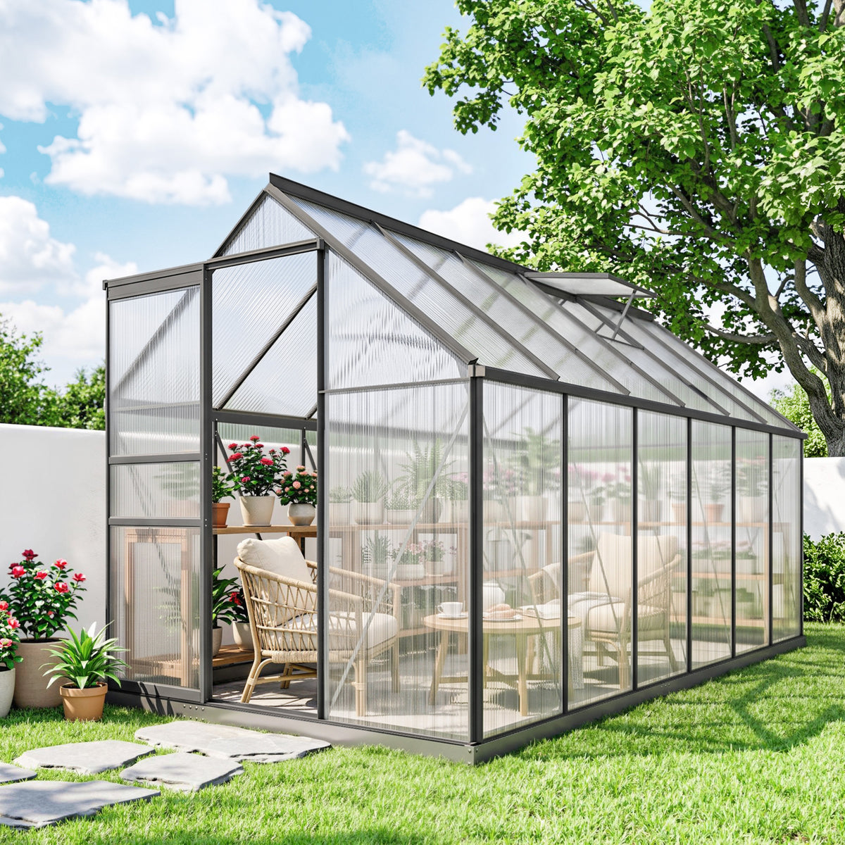 Serre de jardin en aluminium polycarbonate avec fondation, serre avec fenêtre réglable porte coulissante 190x375x199cm-8