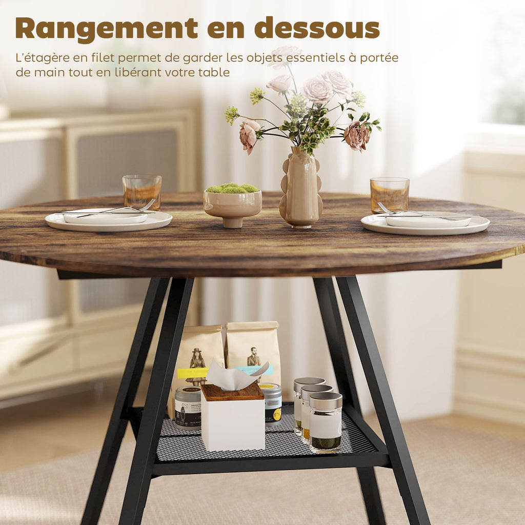 Table à manger ronde pour 4 personnes, Ø 100 x 76 cm, table de cuisine avec large plateau et étagère, brun rustique-4