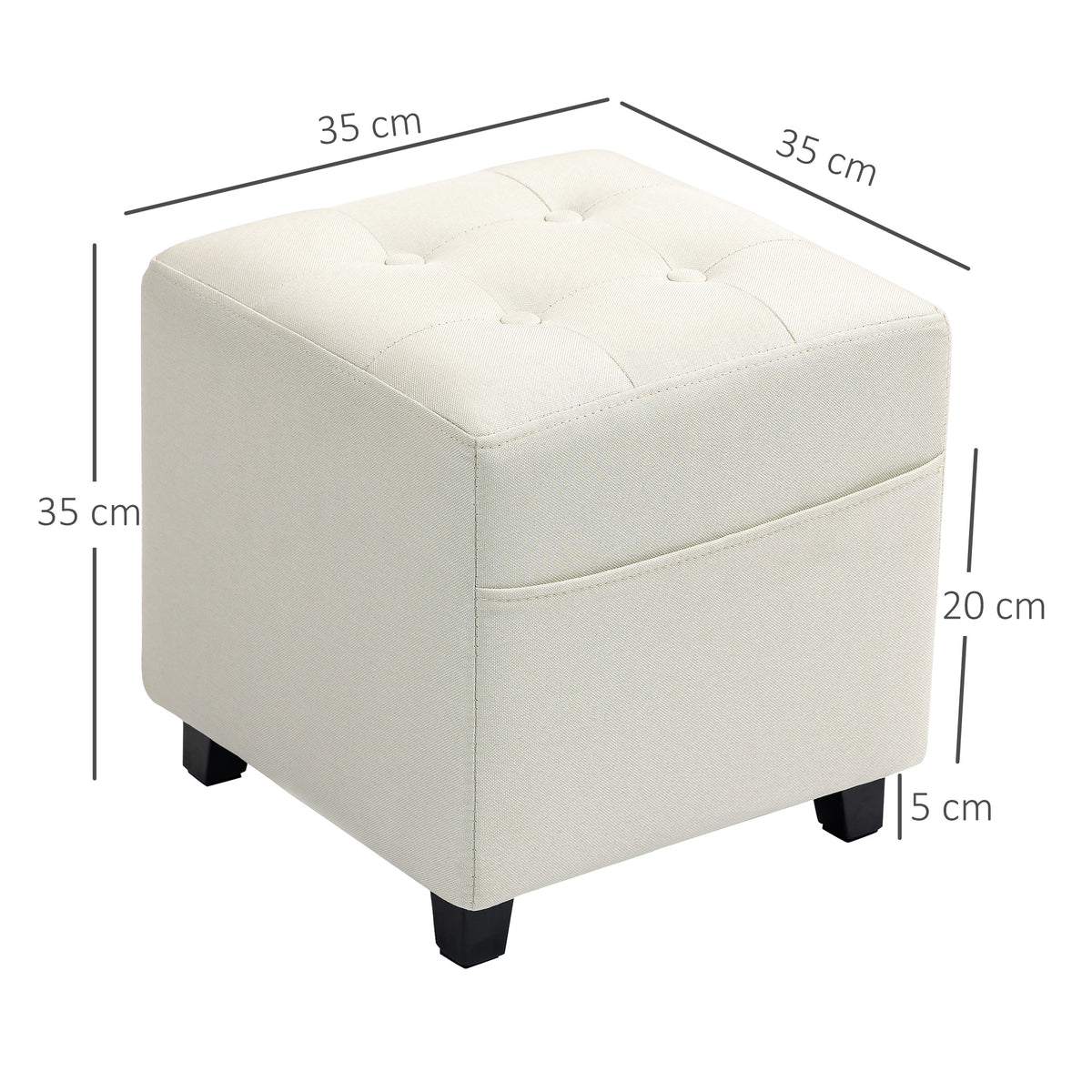 Repose pied salon, ottoman, siège rembourré capitonné en tissu aspect lin avec poche latérale, 35 x 35 x 35 cm, crème-2
